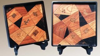 箱根寄木細工　乱寄木八寸二枚組盆（黒柿盆）複製品
